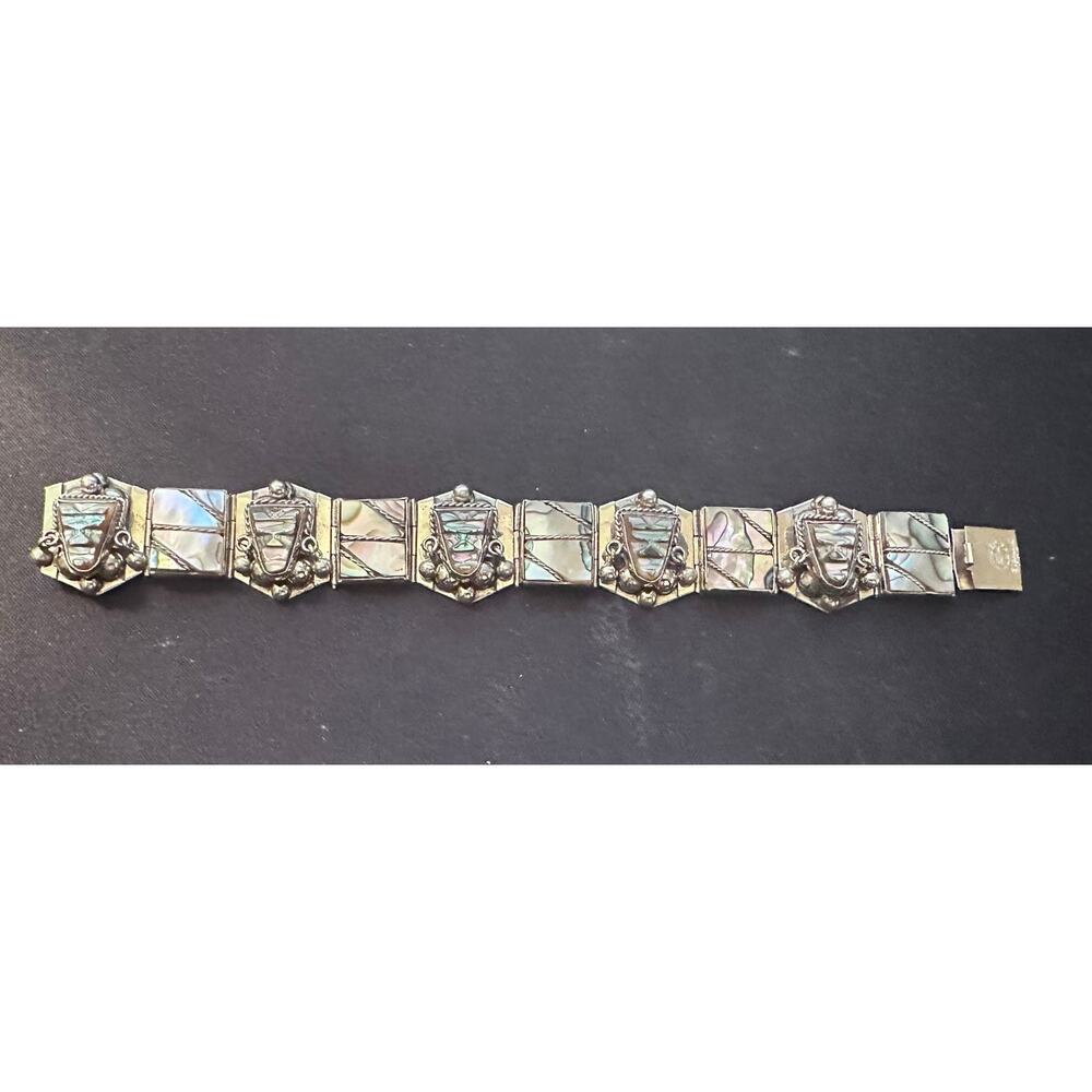 VINTAGE STERLING ABOLONE SHELL "MASK" PANEL BRACELET